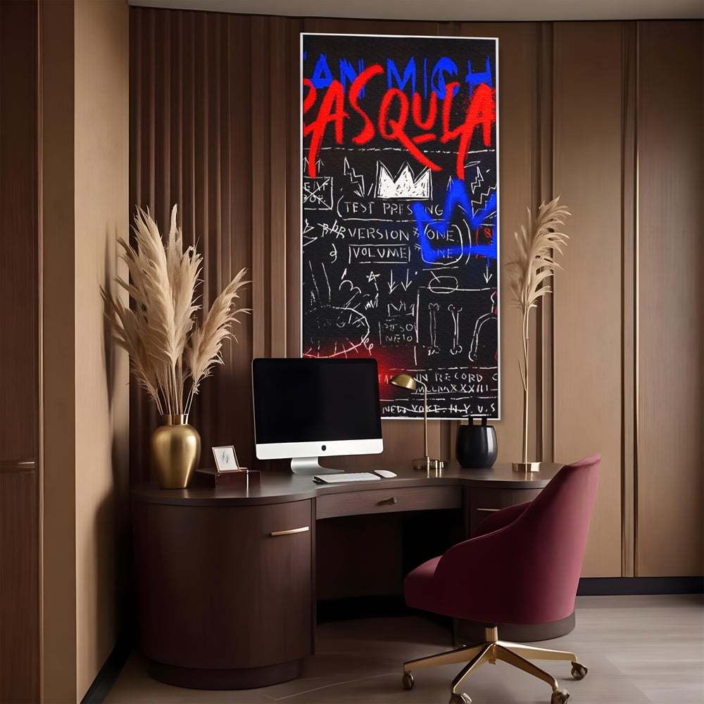 Tablou canvas cu tablou canvas cu arta graffiti, in rama de aluminiu argintiu, pe perete intr-un birou